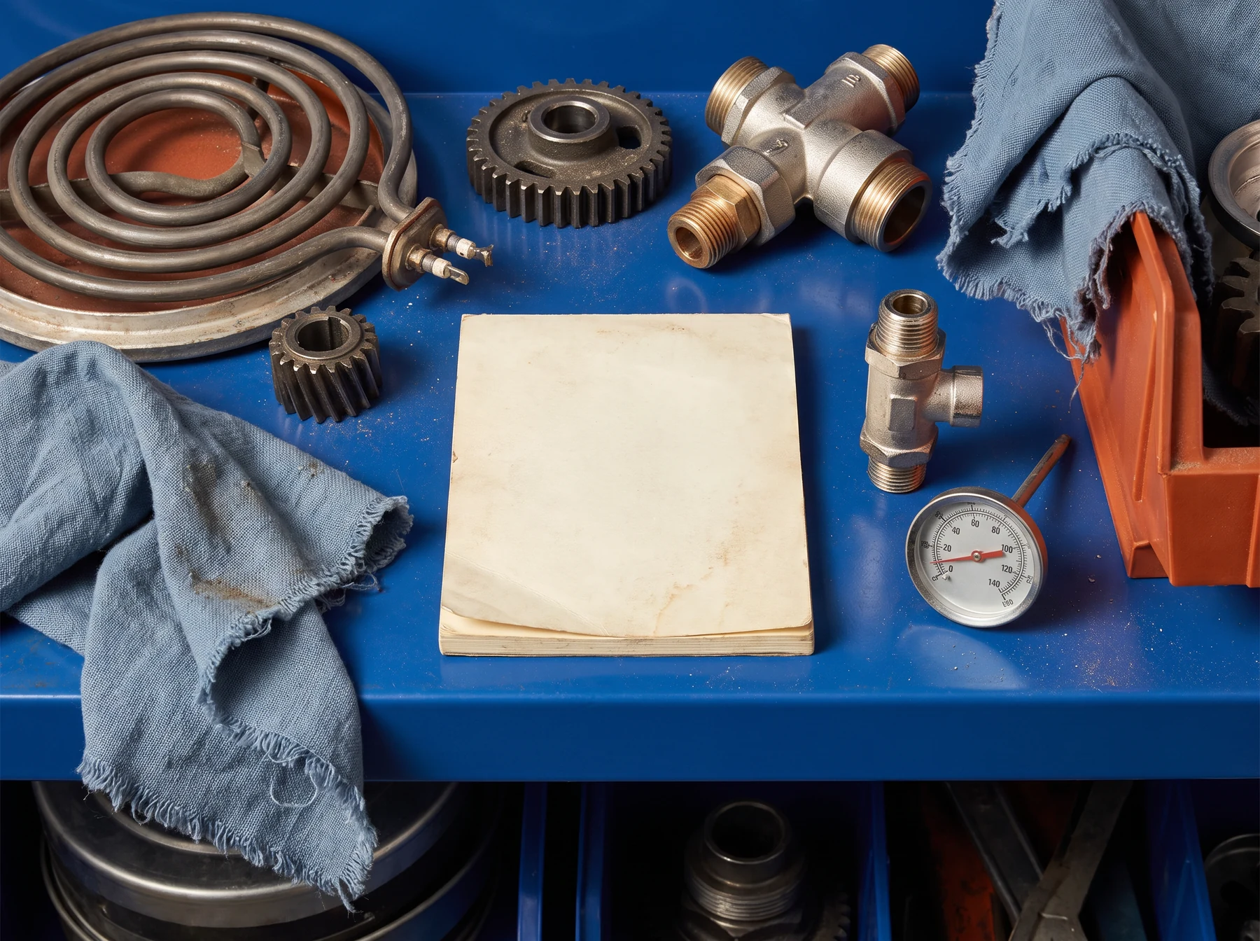 Appliance components on work shelf